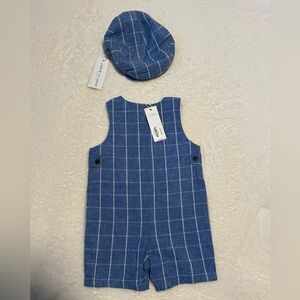 J&J Blue Checkered Baby Romper with cap